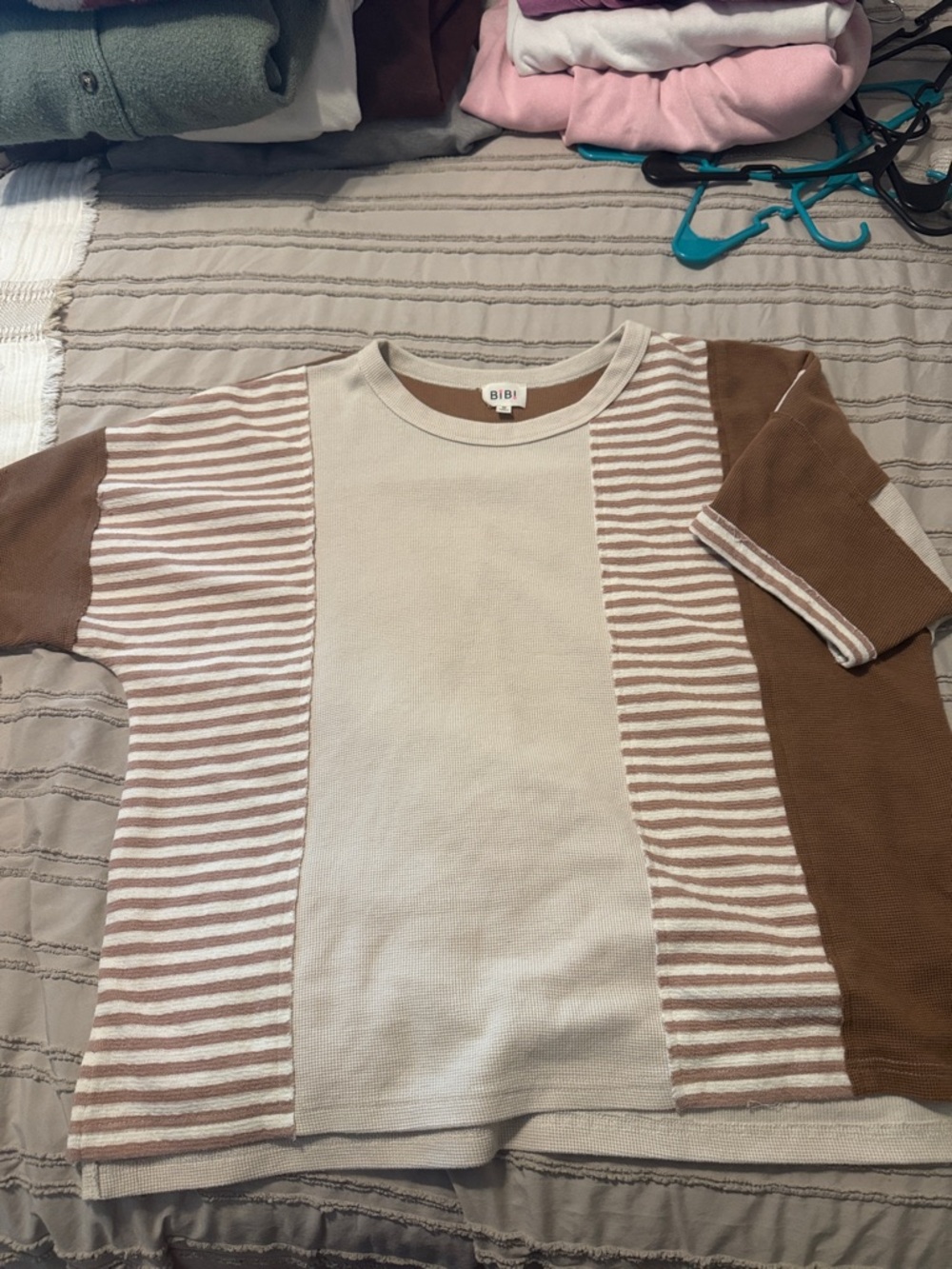 BiBi Cream and Brown Short-Sleeve Striped Panel Tee
